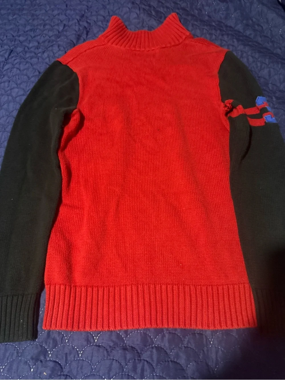 Polo red and Black Knit Sweater with Striped Sleeves